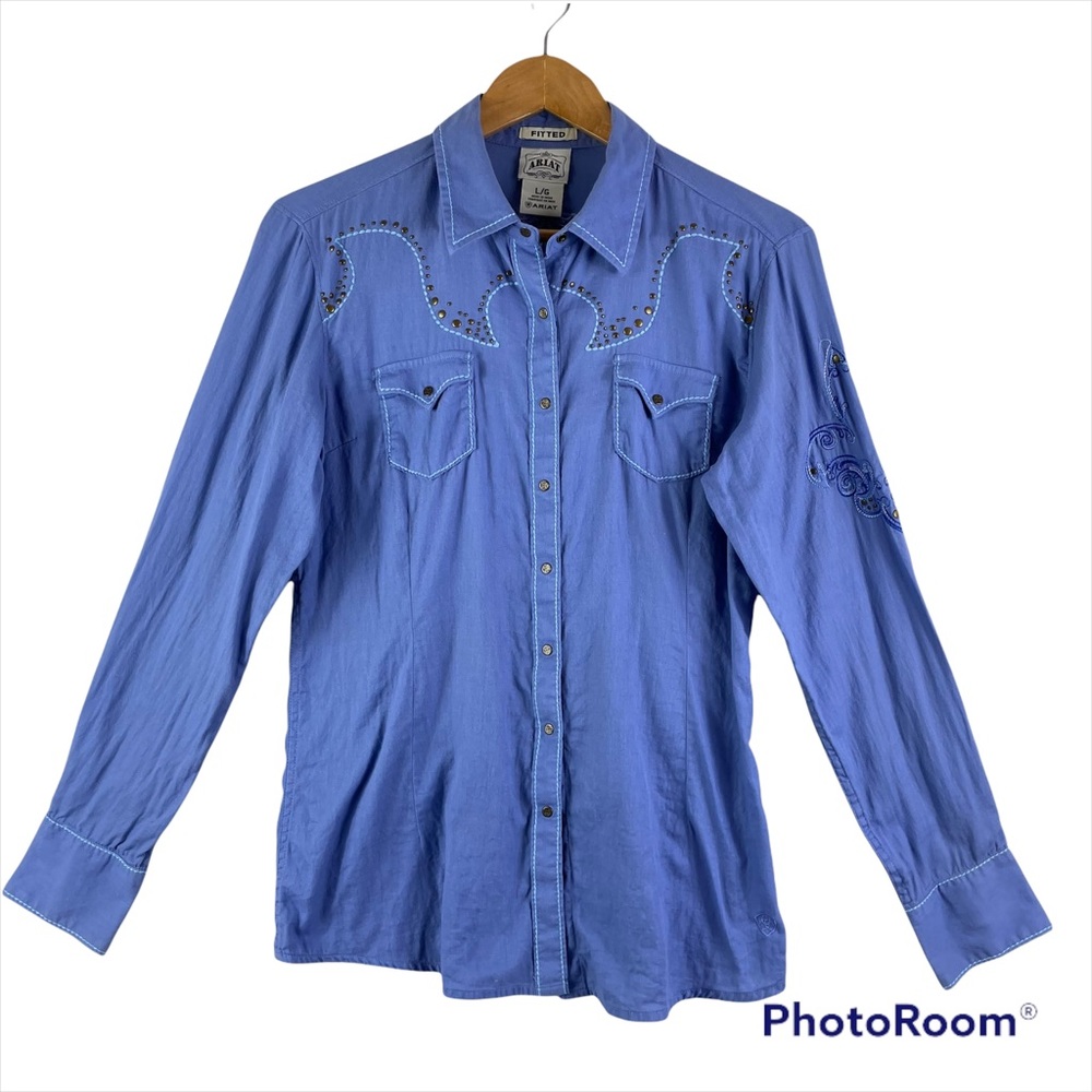 ARIAT Purple Snap Front Embroidery Detail Long Sleeve Top Size Large